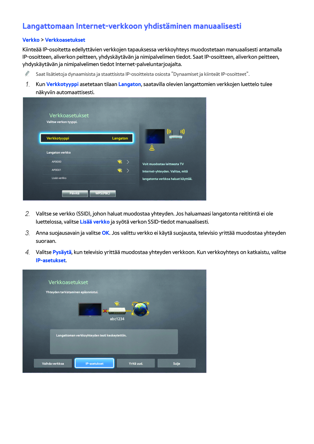 Samsung UE40H5204AKXXE, UE40H6204AKXXE, UE40H5304AKXXE manual Langattomaan Internet-verkkoon yhdistäminen manuaalisesti, 111 