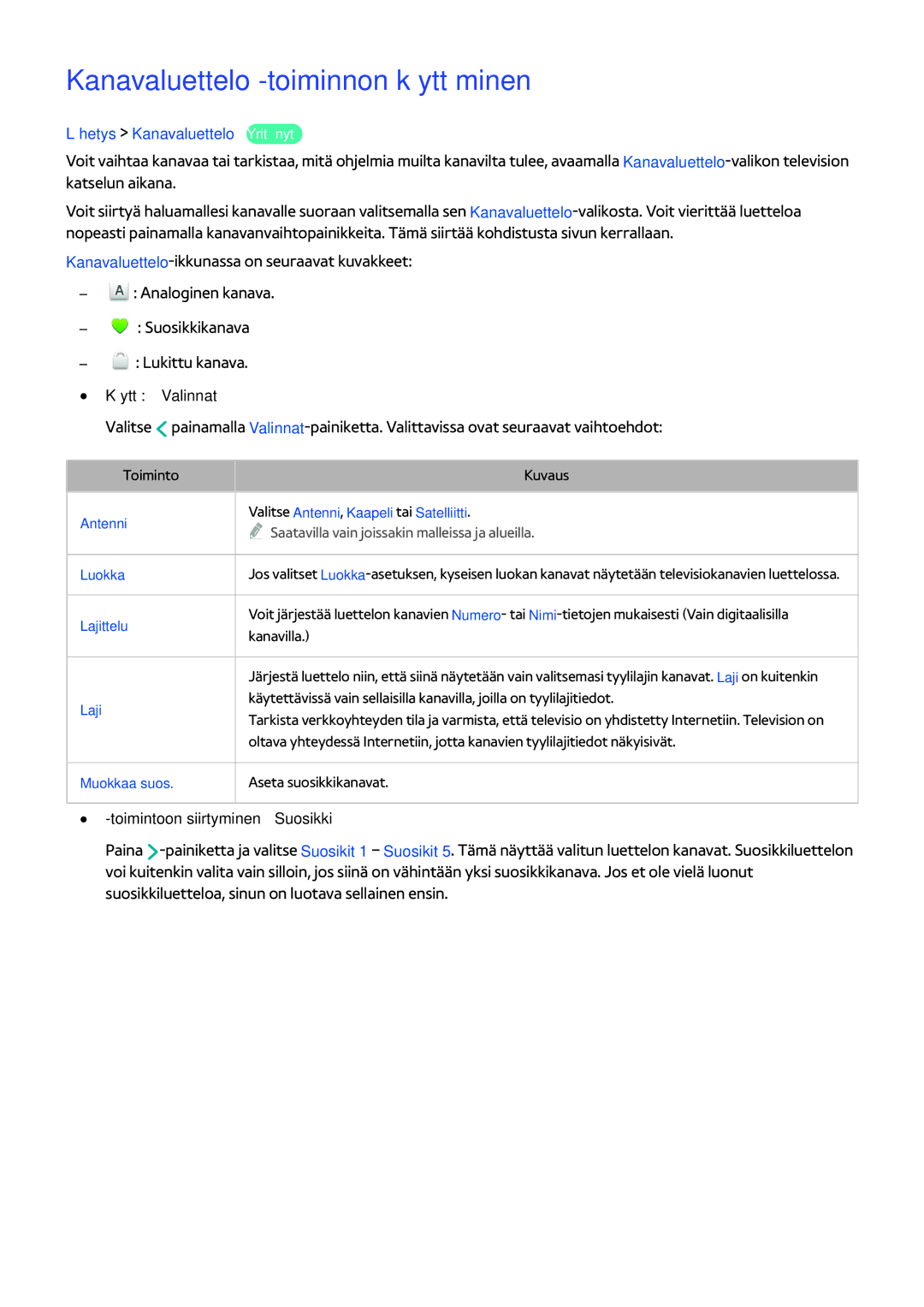 Samsung UE55H6204AKXXE manual Kanavaluettelo -toiminnon käyttäminen, Lähetys Kanavaluettelo Yritä nyt, Käyttö Valinnat 