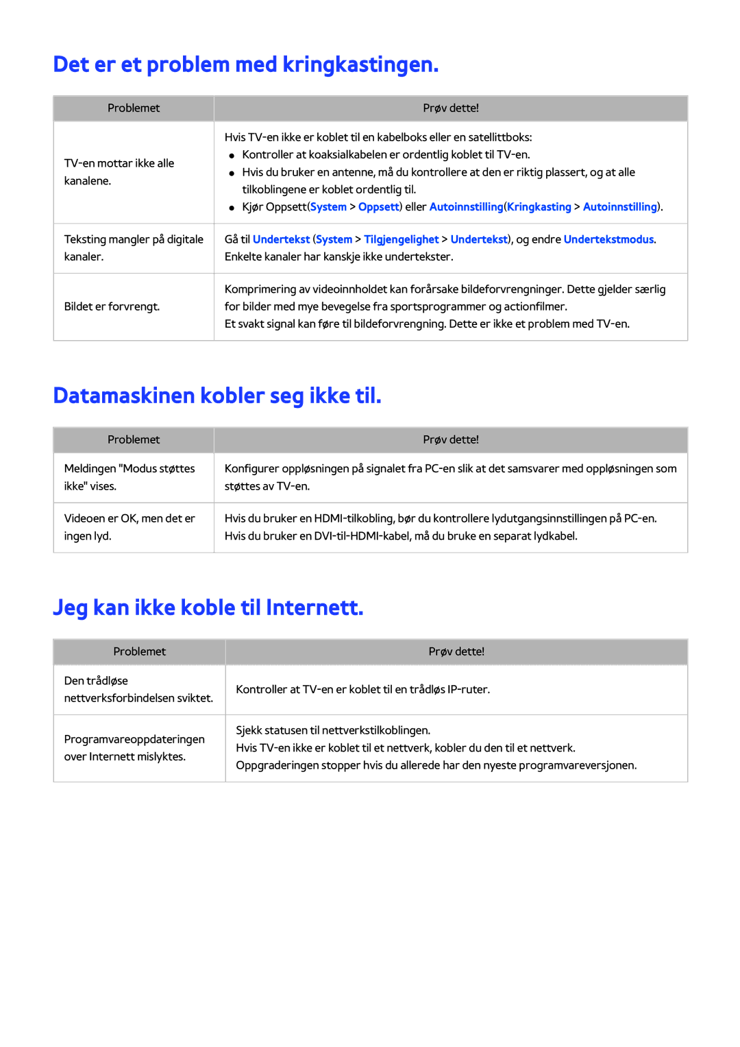 Samsung UE58J5205AKXXE, UE40H6204AKXXE manual Det er et problem med kringkastingen, Datamaskinen kobler seg ikke til 