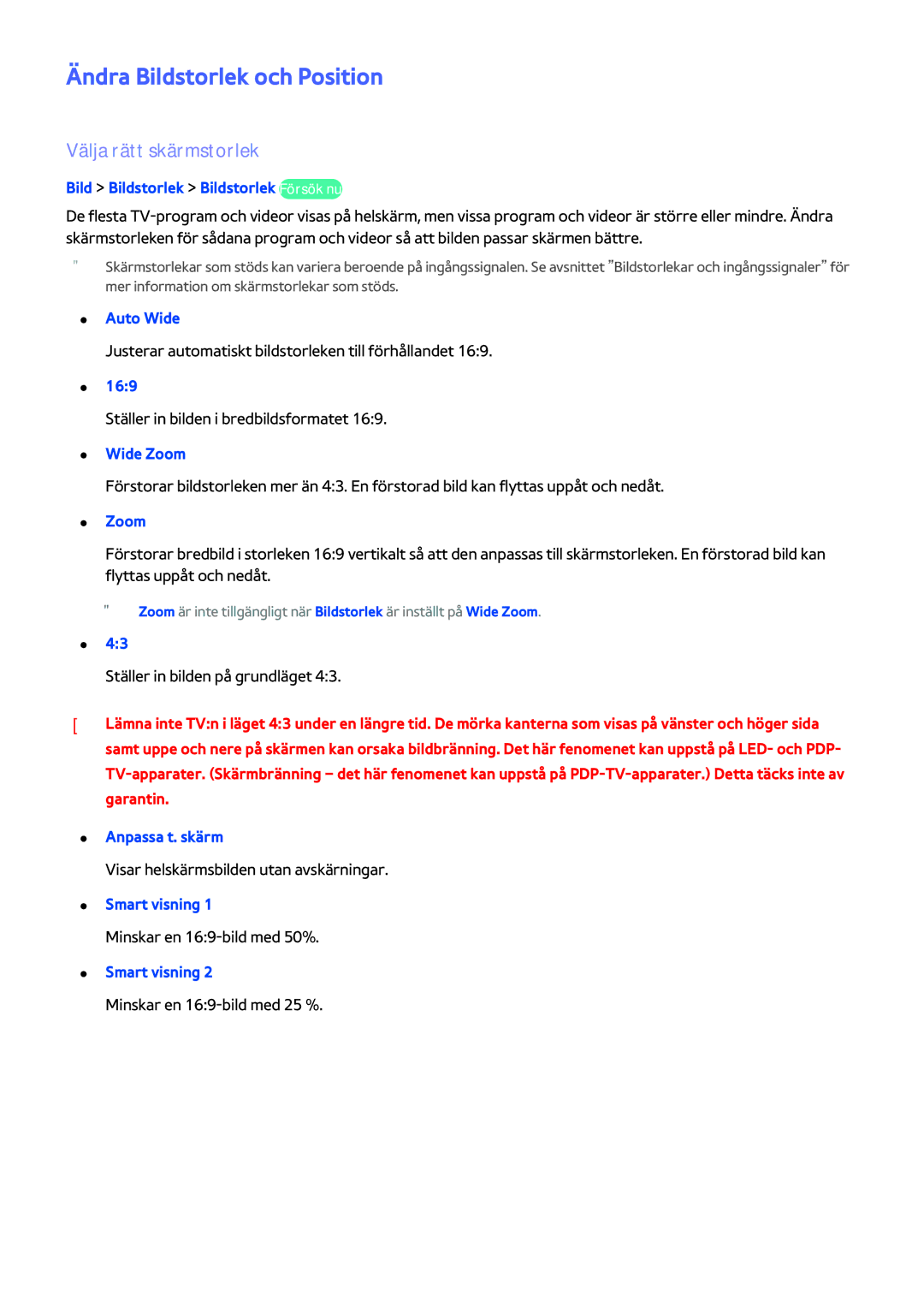 Samsung UE58H5204AKXXE, UE40H6204AKXXE, UE40H5204AKXXE manual Ändra Bildstorlek och Position, Välja rätt skärmstorlek 