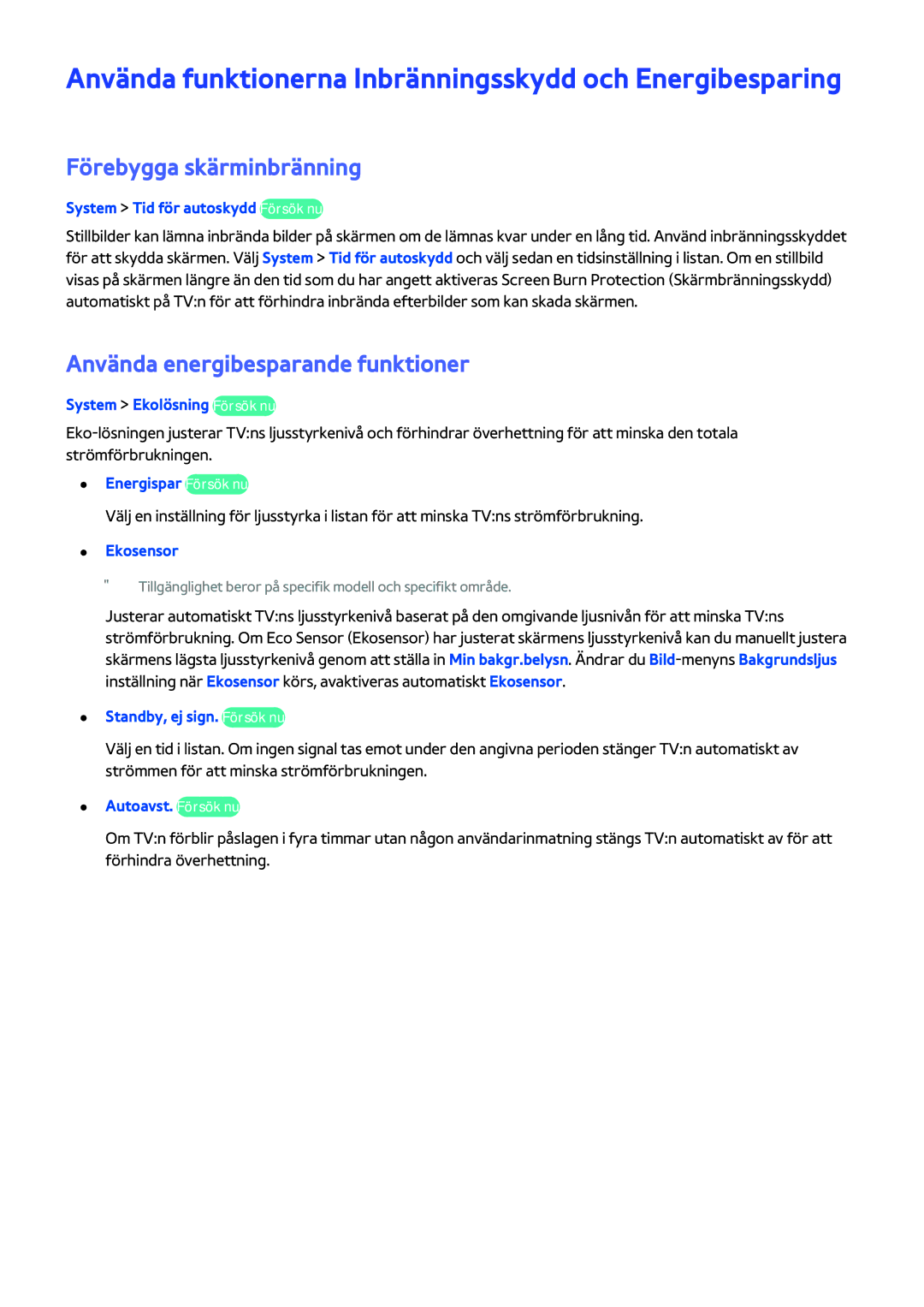 Samsung UE46H6204AKXXE manual Använda funktionerna Inbränningsskydd och Energibesparing, Förebygga skärminbränning 