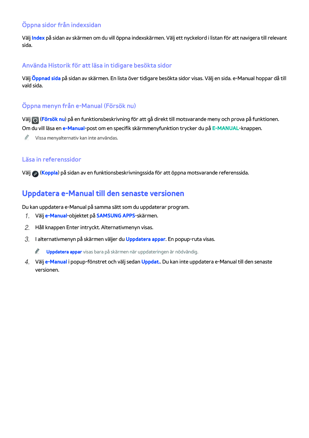 Samsung UE60H6204AKXXE Uppdatera e-Manual till den senaste versionen, Öppna sidor från indexsidan, Läsa in referenssidor 