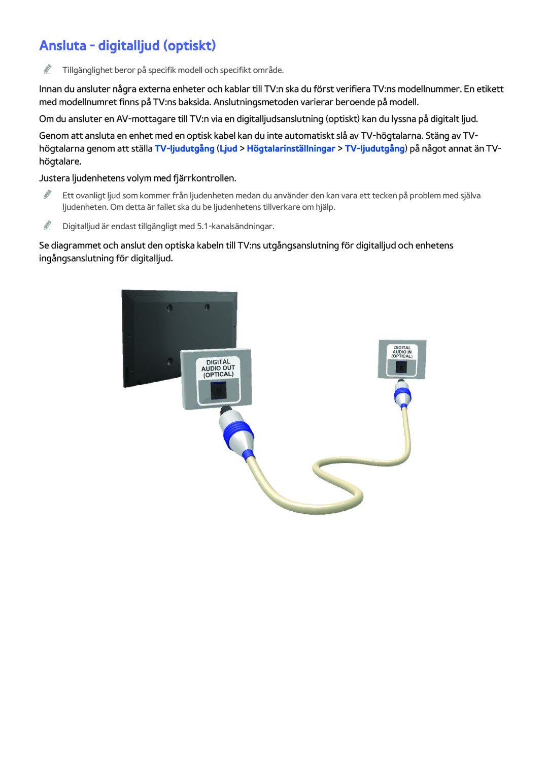 Samsung UE40H5204AKXXE, UE40H6204AKXXE, UE40H5304AKXXE, UE46H5304AKXXE, UE32H5304AKXXE manual Ansluta digitalljud optiskt 