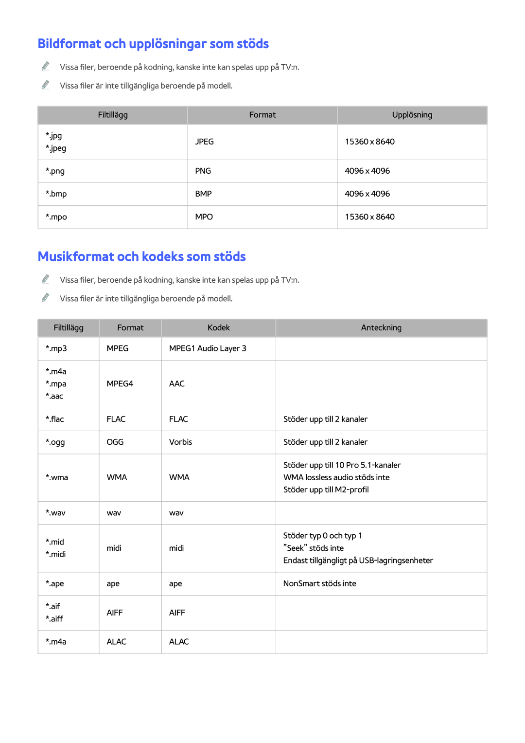 Samsung UE50H5304AKXXE, UE40H6204AKXXE manual Bildformat och upplösningar som stöds, Musikformat och kodeks som stöds 