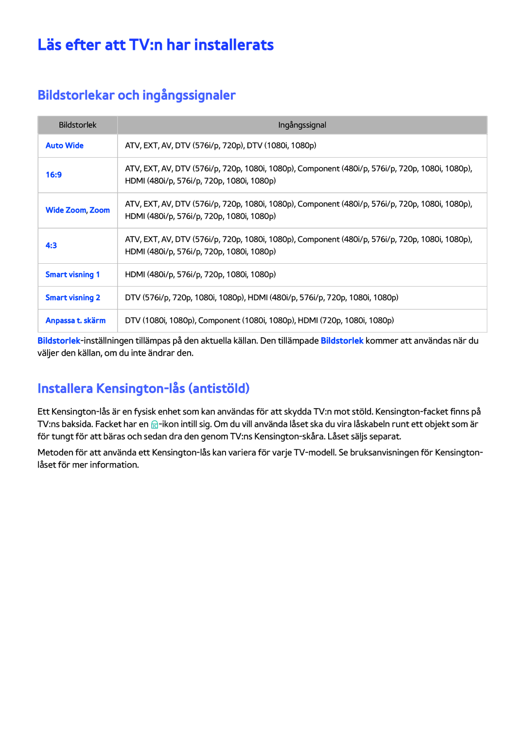 Samsung UE40H6204AKXXE, UE40H5204AKXXE manual Läs efter att TVn har installerats, Bildstorlekar och ingångssignaler 