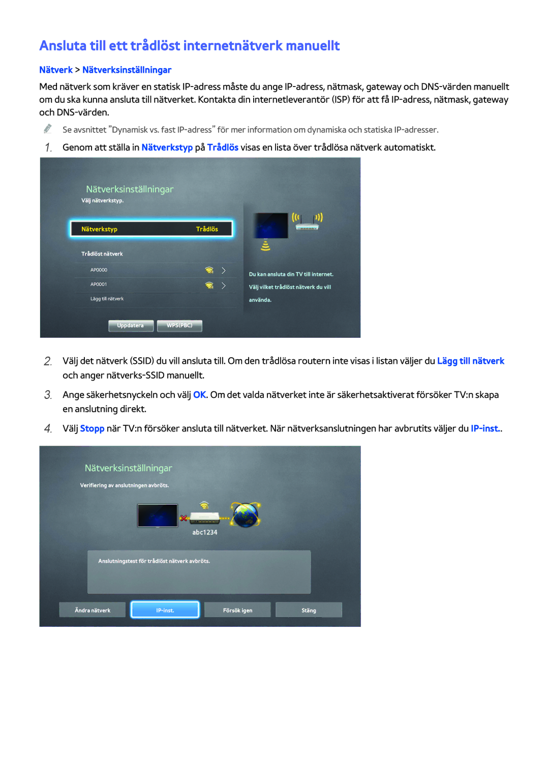 Samsung UE40H5204AKXXE, UE40H6204AKXXE, UE40H5304AKXXE manual Ansluta till ett trådlöst internetnätverk manuellt, 111 