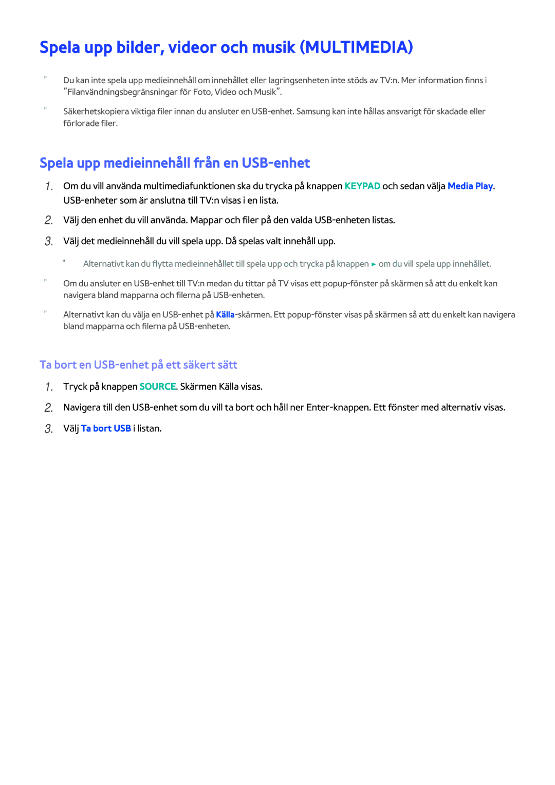 Samsung UE55H6204AKXXE manual Spela upp bilder, videor och musik Multimedia, Spela upp medieinnehåll från en USB-enhet 