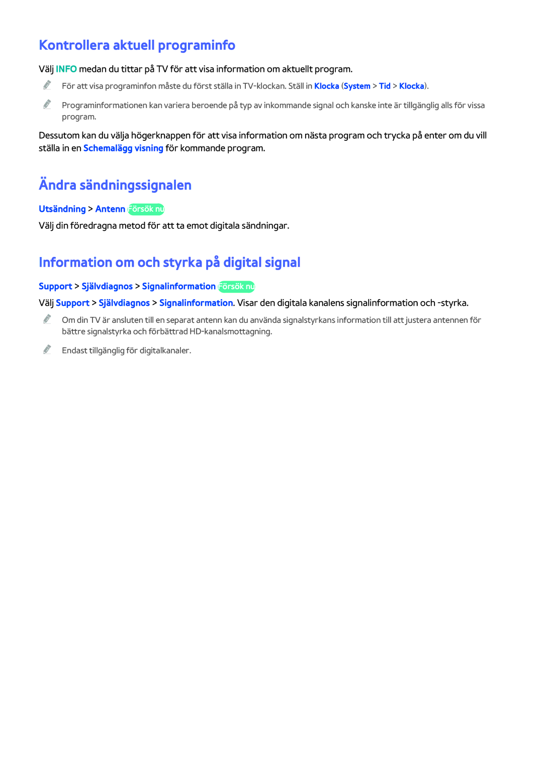 Samsung UE40H5304AKXXE manual Kontrollera aktuell programinfo, Ändra sändningssignalen, Utsändning Antenn Försök nu 