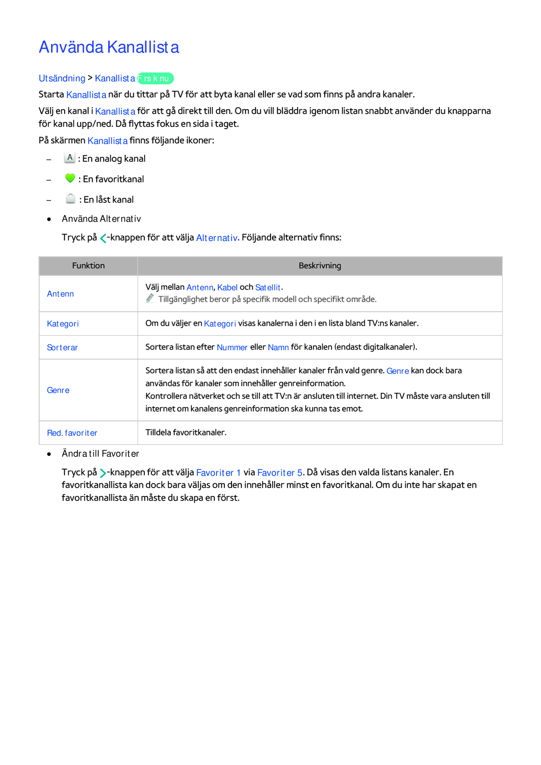 Samsung UE55H6204AKXXE manual Använda Kanallista, Utsändning Kanallista Försök nu, Använda Alternativ, Ändra till Favoriter 