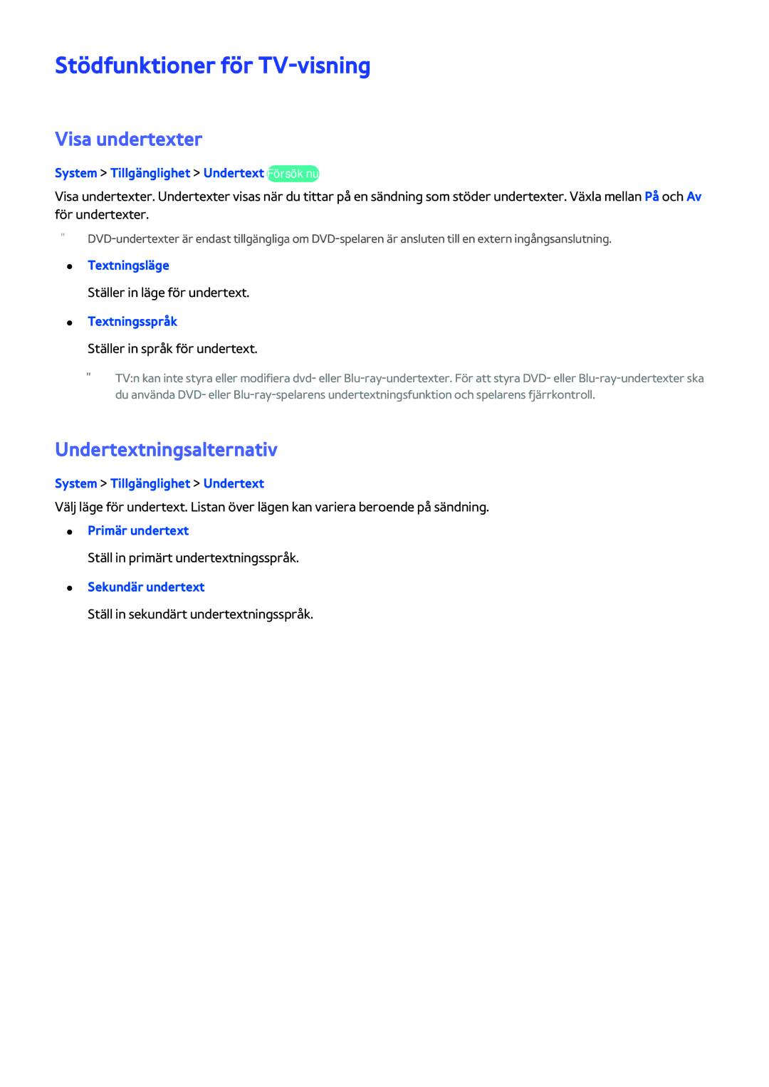 Samsung UE40H5304AKXXE, UE40H6204AKXXE manual Stödfunktioner för TV-visning, Visa undertexter, Undertextningsalternativ 