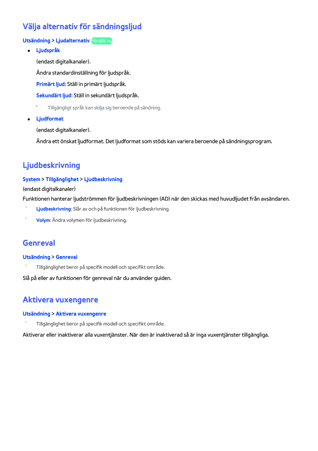 Samsung UE58J5205AKXXE, UE40H6204AKXXE Välja alternativ för sändningsljud, Ljudbeskrivning, Genreval, Aktivera vuxengenre 