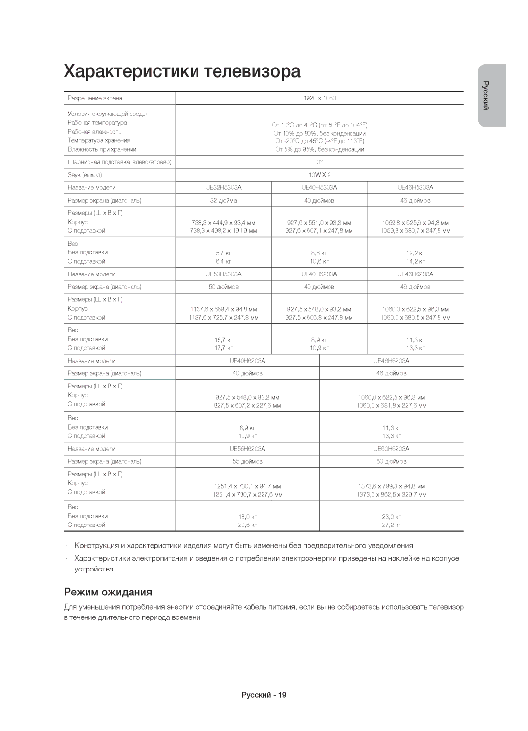 Samsung UE46H6233AKXRU, UE40H6233AKXRU manual Характеристики телевизора, Режим ожидания 