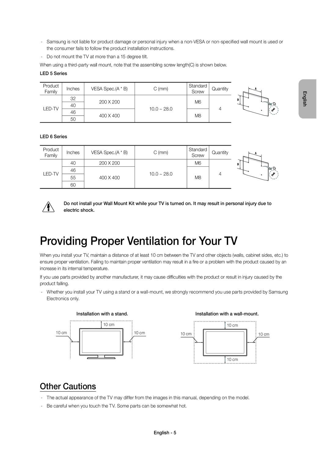 Samsung UE40H6233AKXRU, UE46H6233AKXRU manual Providing Proper Ventilation for Your TV, Other Cautions, LED 6 Series 