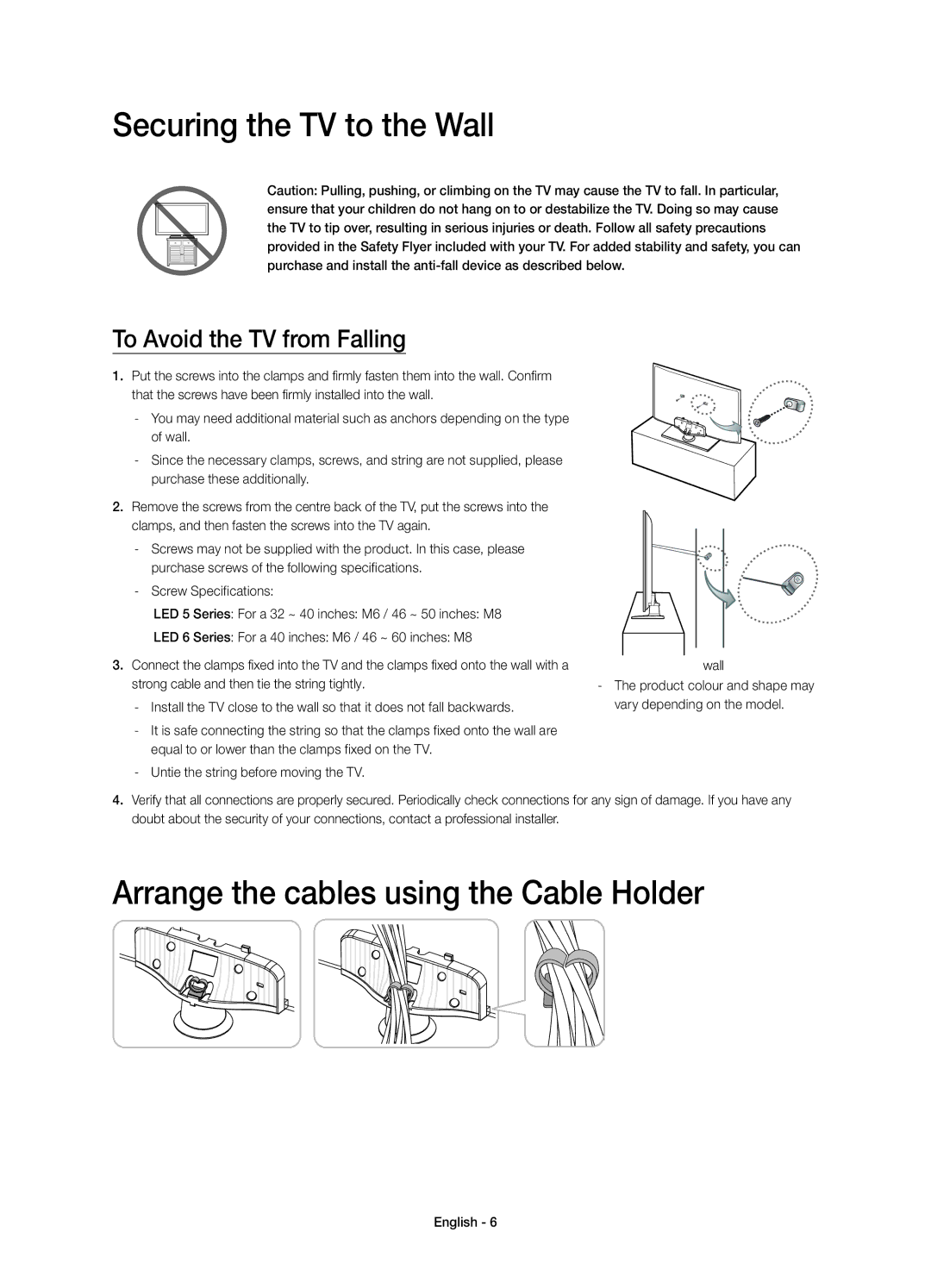 Samsung UE46H6233AKXRU, UE40H6233AKXRU manual Securing the TV to the Wall, Arrange the cables using the Cable Holder 