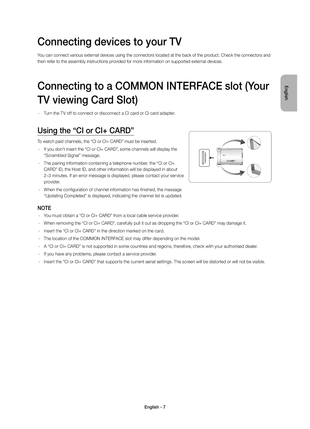 Samsung UE40H6233AKXRU, UE46H6233AKXRU manual Connecting devices to your TV, Using the CI or CI+ Card 