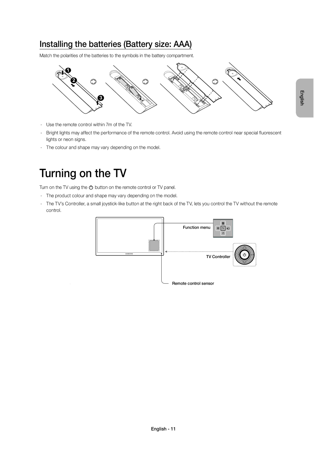 Samsung UE40H6233AKXRU, UE46H6233AKXRU manual Turning on the TV, Installing the batteries Battery size AAA 