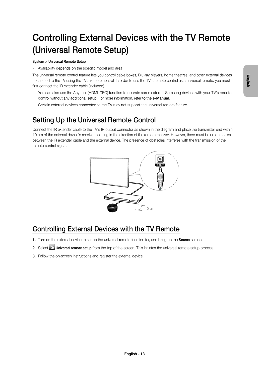 Samsung UE40H6233AKXRU manual Setting Up the Universal Remote Control, Controlling External Devices with the TV Remote 