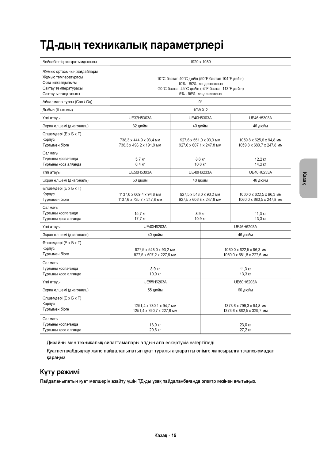 Samsung UE40H6233AKXRU, UE46H6233AKXRU manual ТД-дың техникалық параметрлері, Күту режимі 