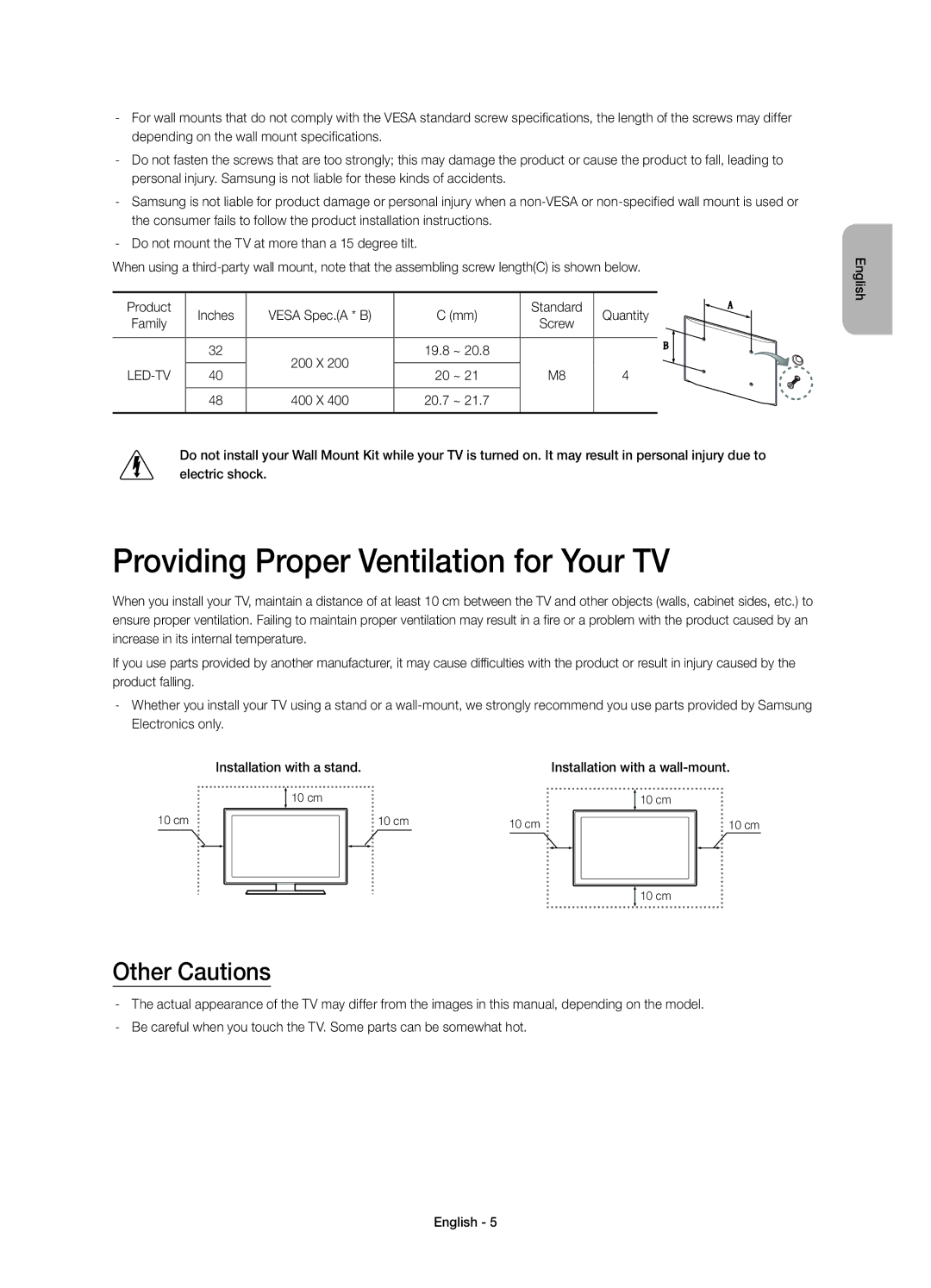 Samsung UE40H6350AKXRU, UE48H6350AKXRU, UE32H6350AKXRU manual Providing Proper Ventilation for Your TV, Other Cautions, 19.8 