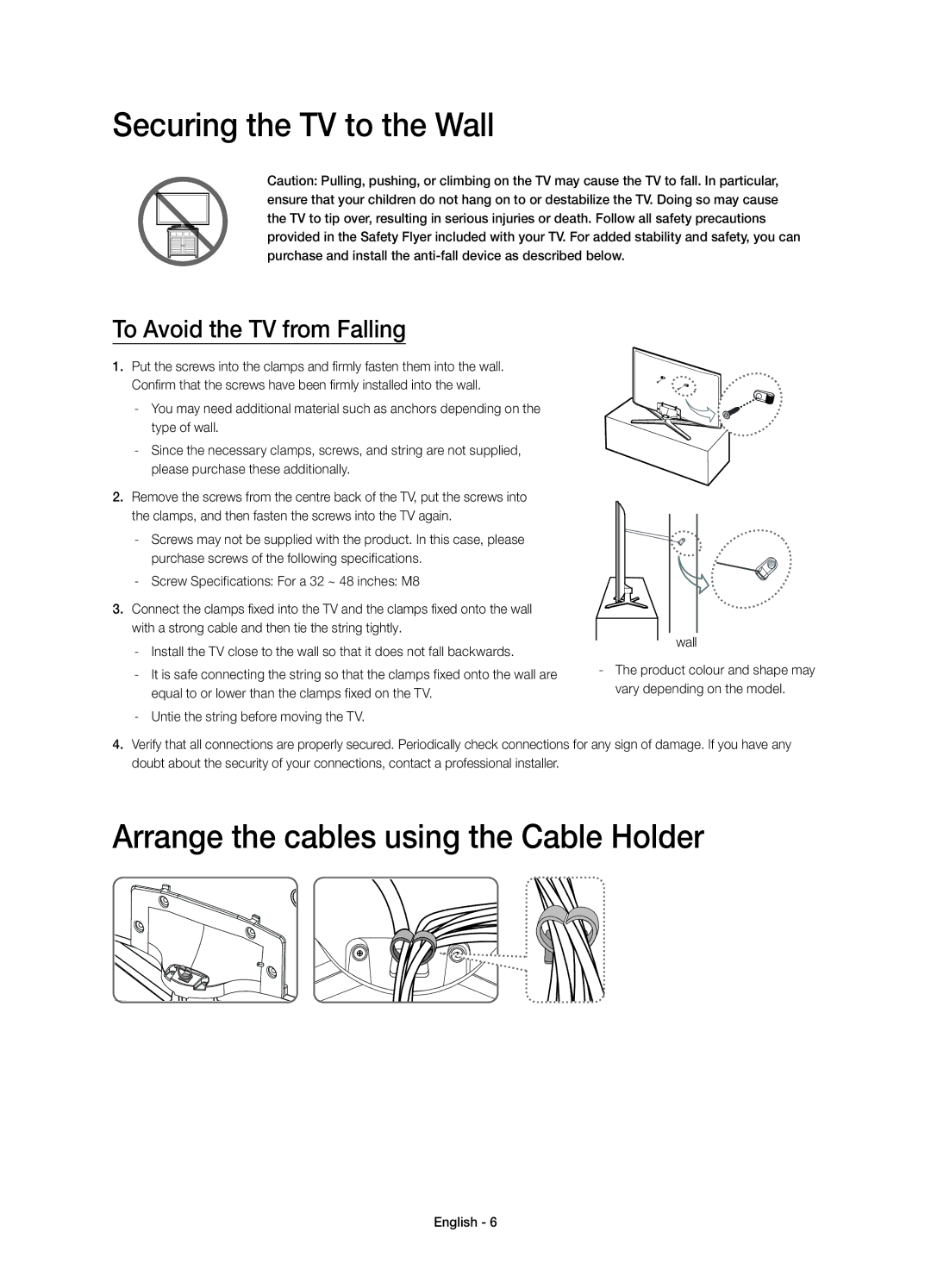 Samsung UE48H6350AKXRU, UE40H6350AKXRU manual Securing the TV to the Wall, Arrange the cables using the Cable Holder 