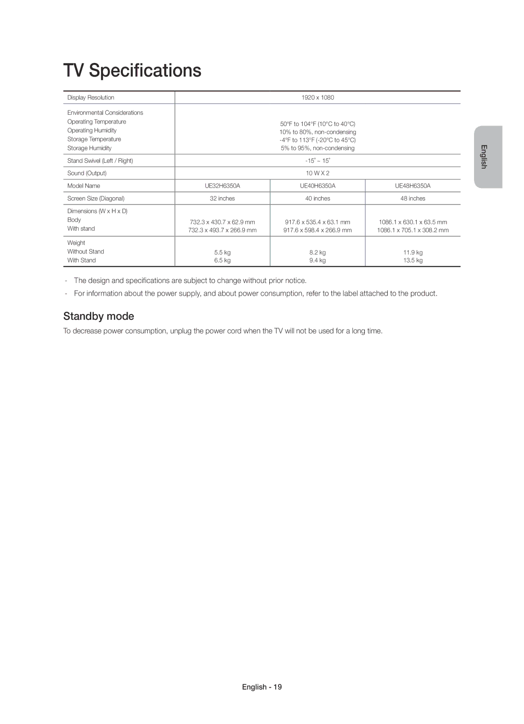 Samsung UE32H6350AKXRU, UE40H6350AKXRU, UE48H6350AKXRU manual TV Specifications, Standby mode 