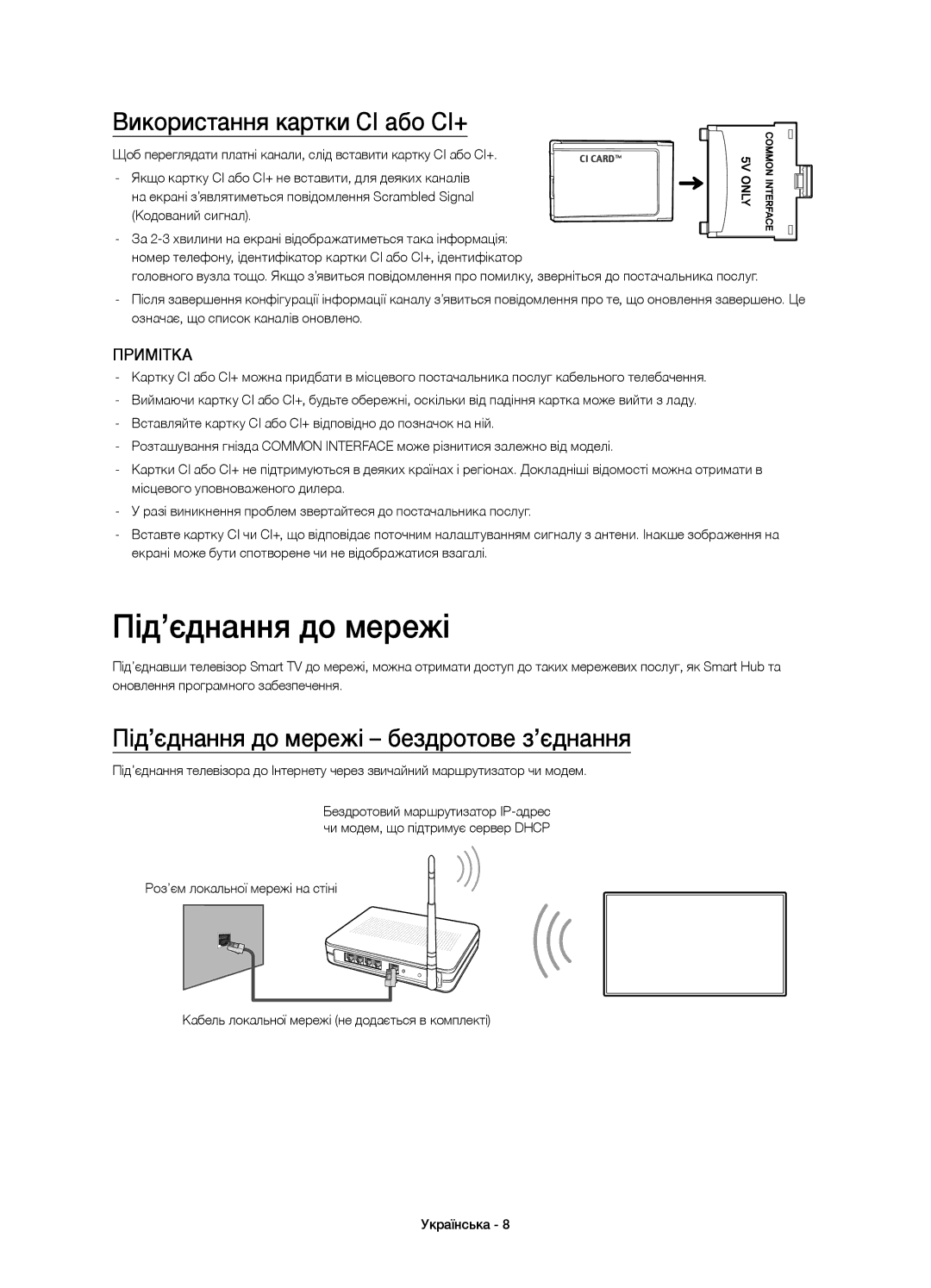 Samsung UE32H6350AKXRU, UE40H6350AKXRU manual Використання картки CI або СI+, Під’єднання до мережі бездротове з’єднання 