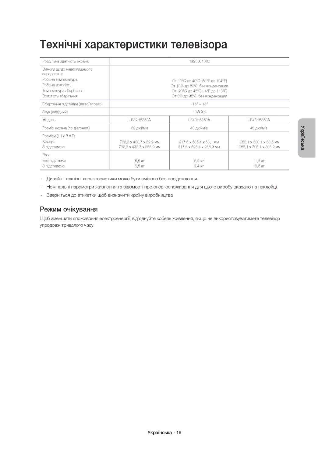 Samsung UE48H6350AKXRU, UE40H6350AKXRU, UE32H6350AKXRU manual Технічні характеристики телевізора, Режим очікування 