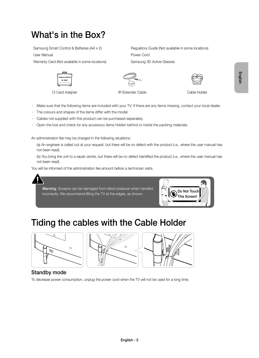 Samsung UE48H6410AUXMS, UE40H6410AUXMS manual Whats in the Box?, Tiding the cables with the Cable Holder, Standby mode 