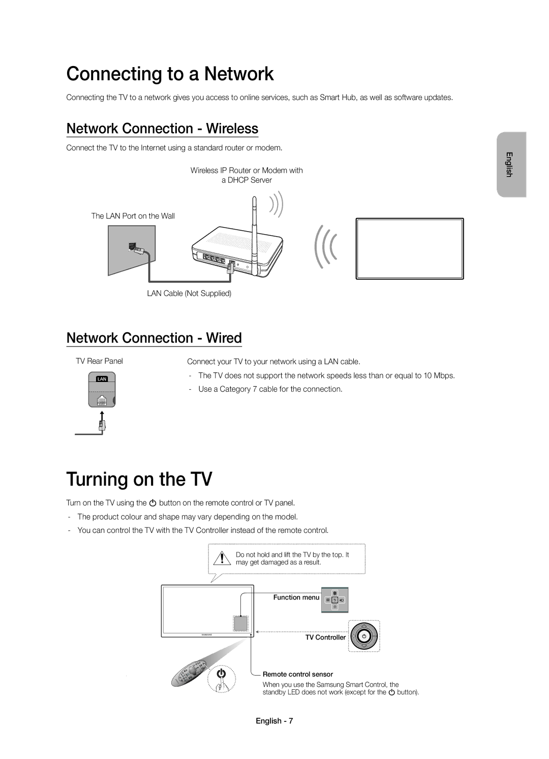 Samsung UE40H6410AUXRU Connecting to a Network, Turning on the TV, Network Connection Wireless, Network Connection Wired 