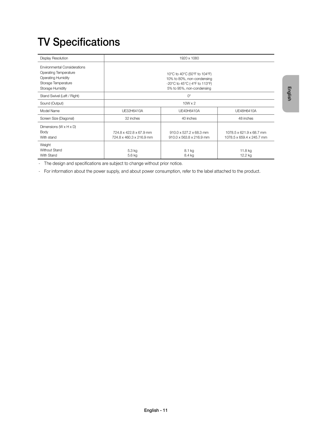 Samsung UE48H6410AUXRU, UE40H6410AUXMS, UE40H6410AUXRU, UE32H6410AUXRU, UE48H6410AUXMS, UE32H6410AUXMS manual TV Specifications 