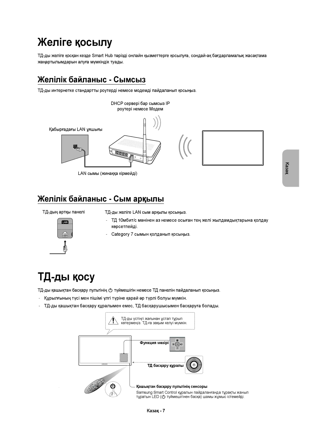 Samsung UE40H6410AUXRU Желіге қосылу, ТД-ды қосу, TД-дың артқы панелі ТД-ды желіге LAN сым арқылы қосыңыз, Көрсетпейді 