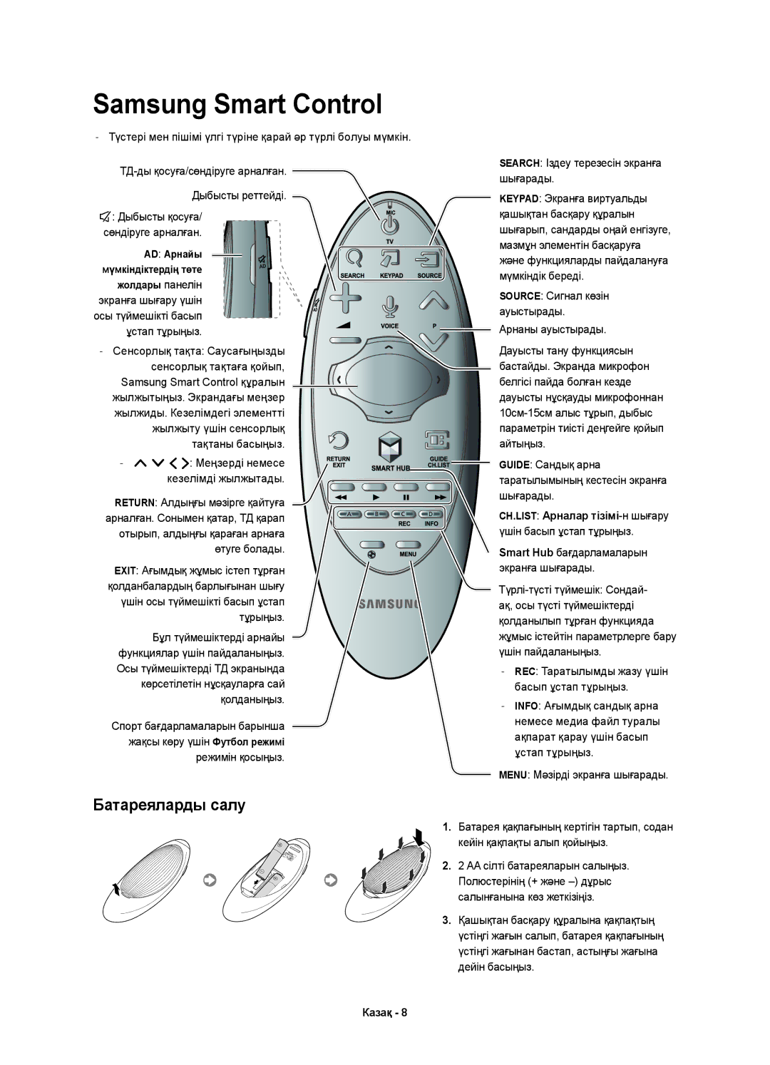 Samsung UE32H6410AUXRU, UE40H6410AUXMS, UE40H6410AUXRU, UE48H6410AUXMS manual Samsung Smart Control, Батареяларды салу 