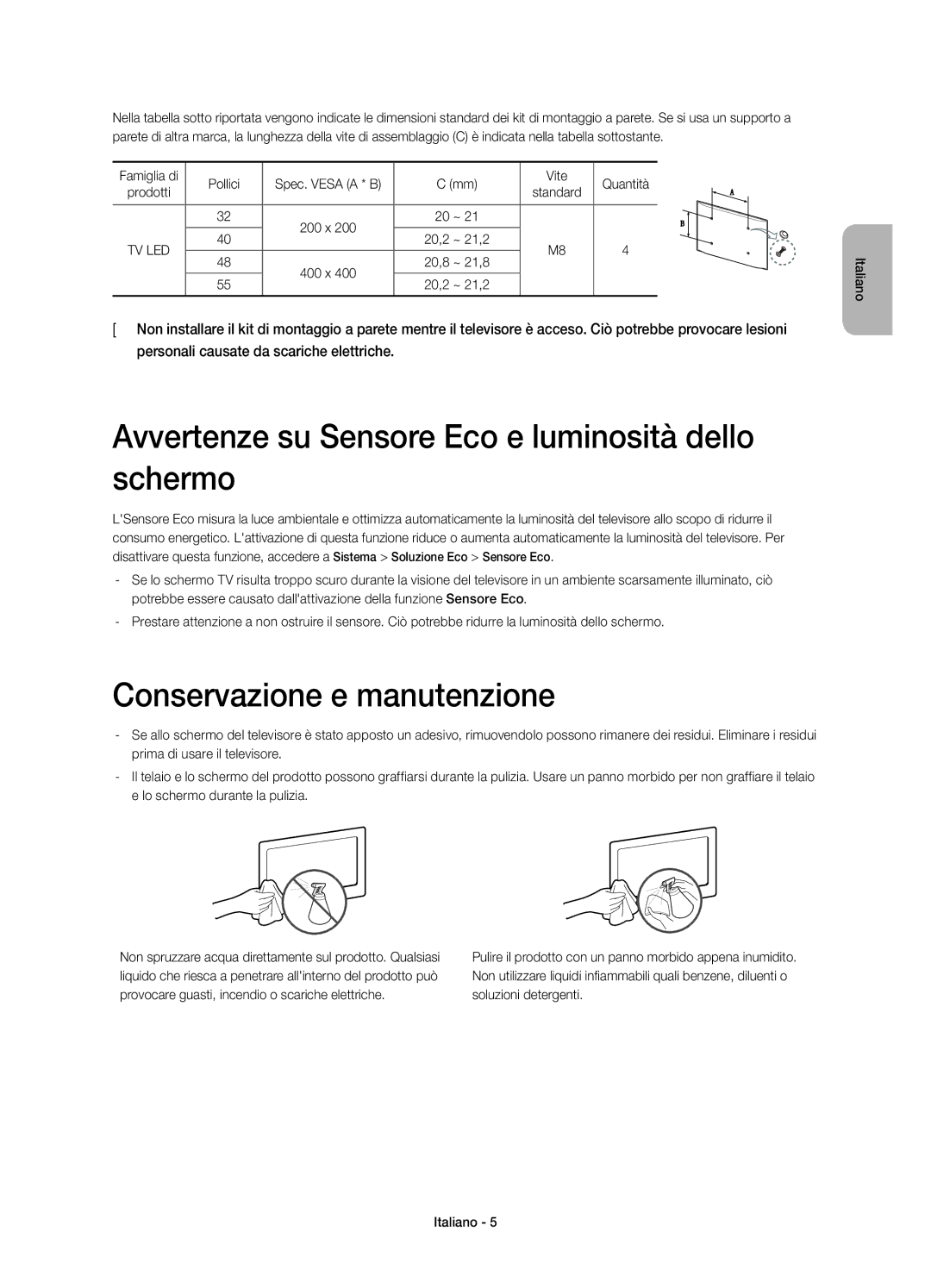 Samsung UE55H6410SDXZT Avvertenze su Sensore Eco e luminosità dello schermo, Conservazione e manutenzione, 20,2 ~ 21,2 