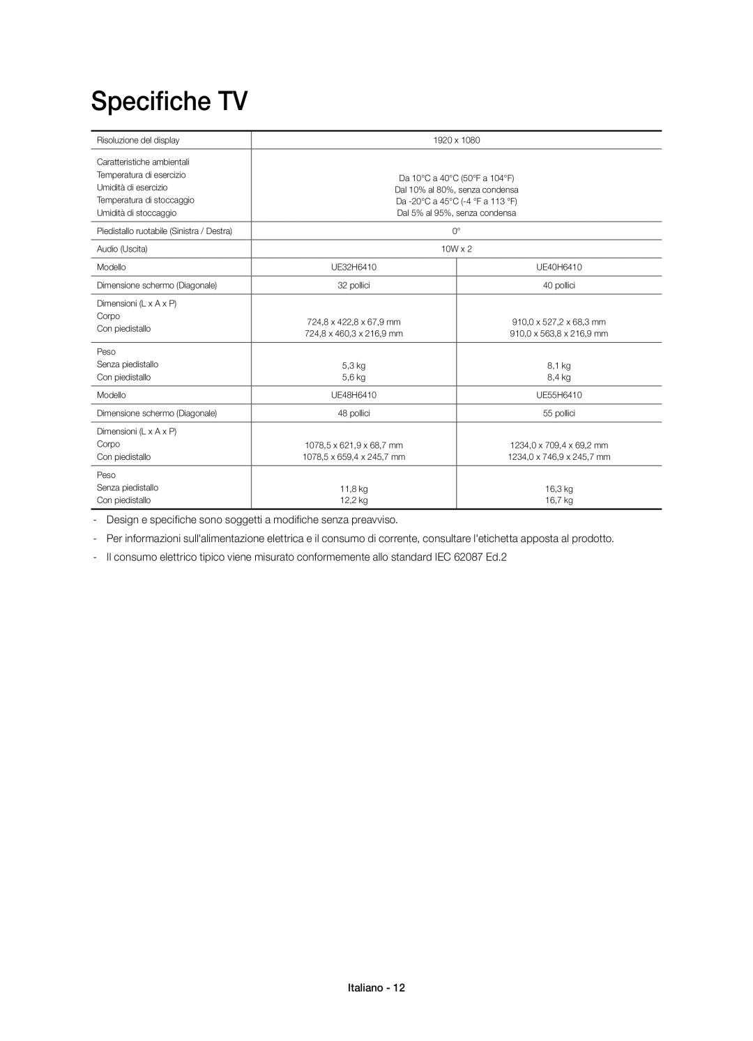 Samsung UE40H6410SDXZT, UE48H6410SDXZT, UE55H6410SDXZT manual Specifiche TV 