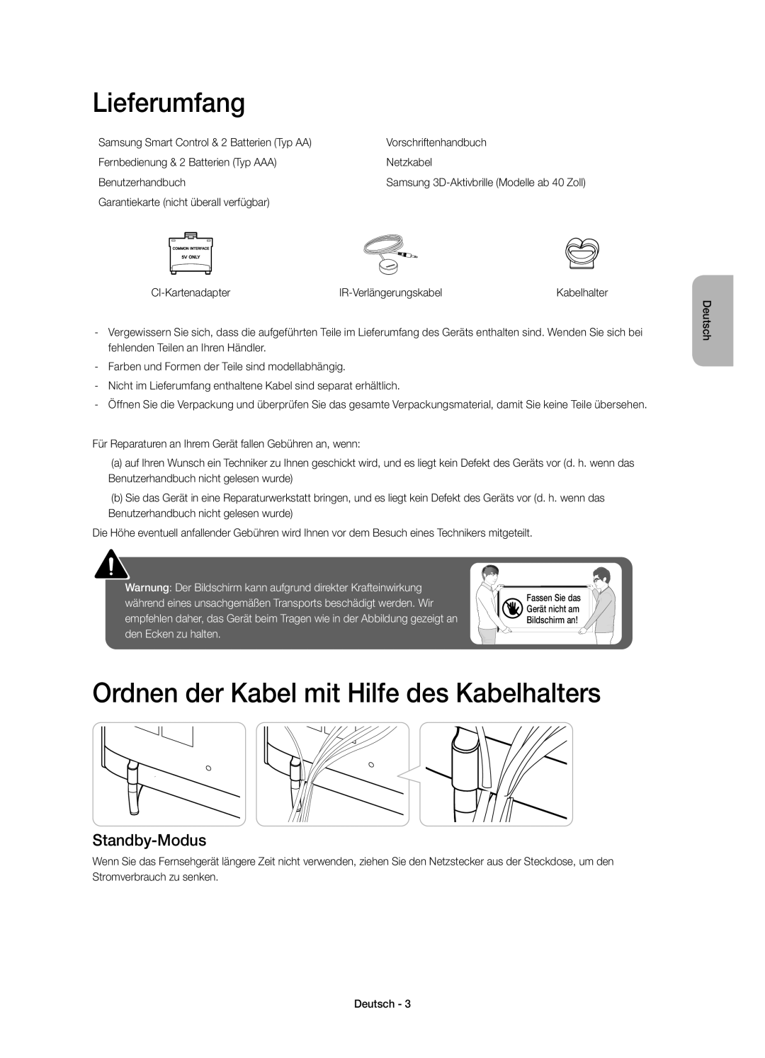 Samsung UE55H6410SDXZT, UE40H6410SDXZT manual Lieferumfang, Ordnen der Kabel mit Hilfe des Kabelhalters, Standby-Modus 