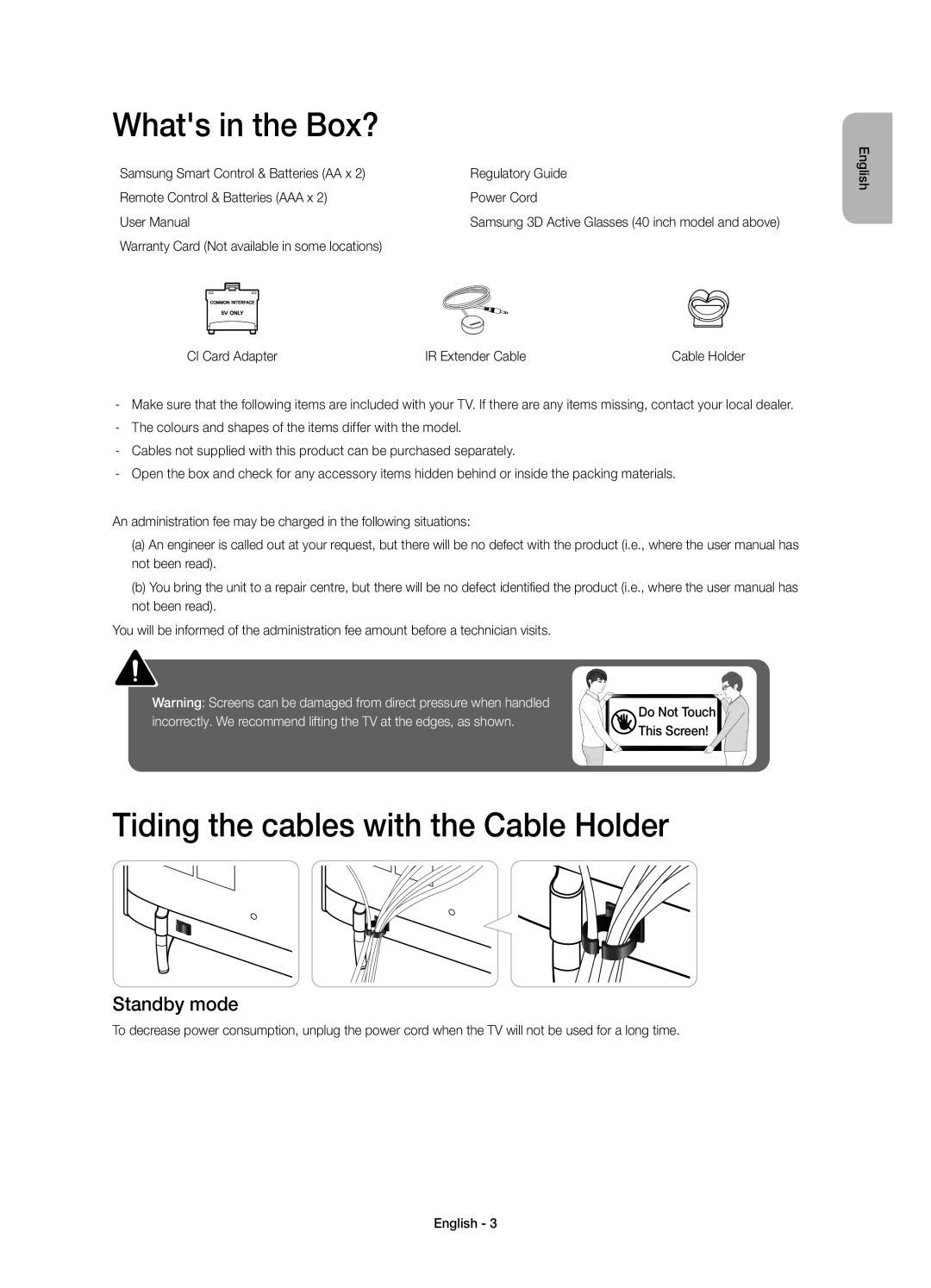 Samsung UE40H6410SDXZT, UE48H6410SDXZT manual Whats in the Box?, Tiding the cables with the Cable Holder, Standby mode 