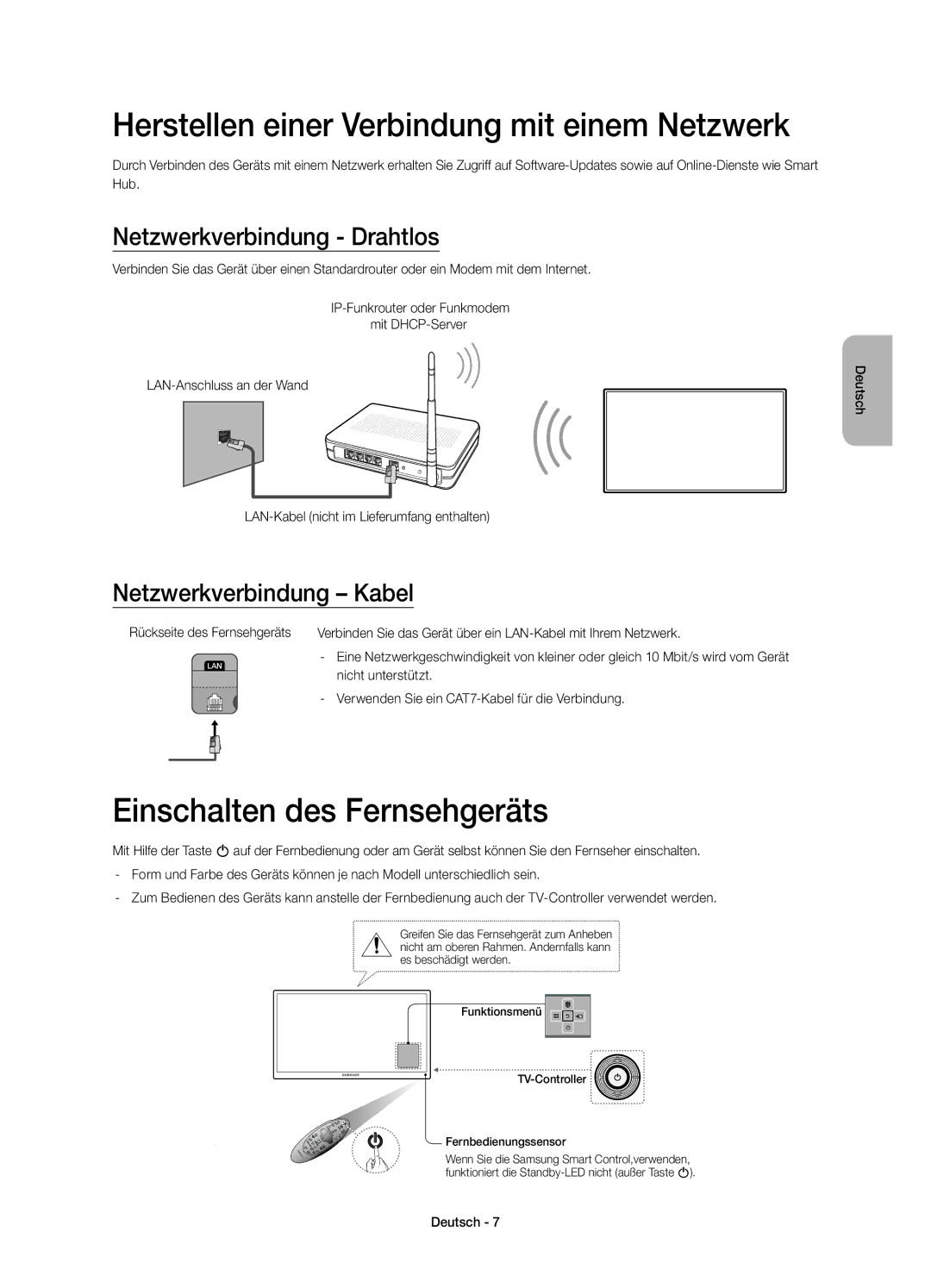 Samsung UE40H6410SDXZT, UE48H6410SDXZT manual Herstellen einer Verbindung mit einem Netzwerk, Einschalten des Fernsehgeräts 