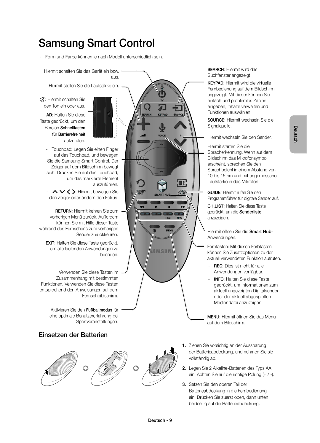 Samsung UE55H6410SDXZT, UE40H6410SDXZT, UE48H6410SDXZT manual Einsetzen der Batterien, Hiermit stellen Sie die Lautstärke ein 