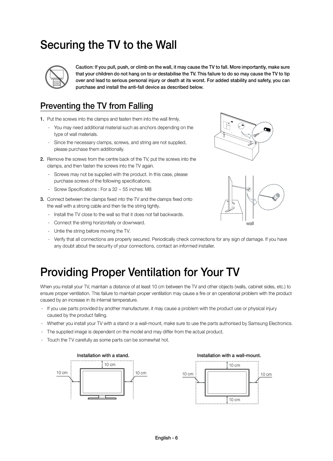 Samsung UE40H6410SDXZT, UE48H6410SDXZT manual Securing the TV to the Wall, Providing Proper Ventilation for Your TV 