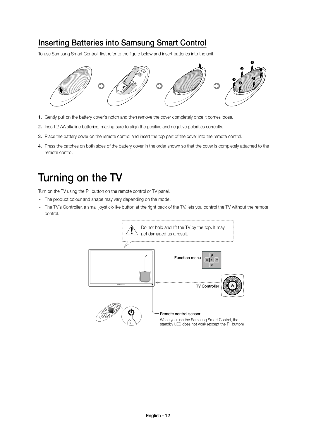 Samsung UE40H6410SSXXC, UE32H6410SSXXC, UE55H6410SSXXC Turning on the TV, Inserting Batteries into Samsung Smart Control 