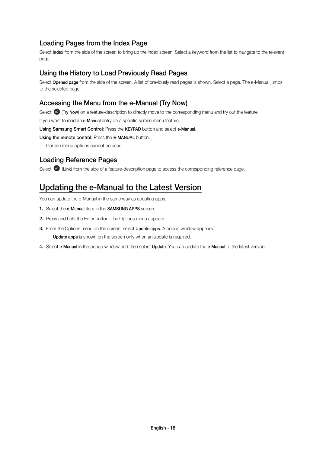 Samsung UE55H6410SSXXC Updating the e-Manual to the Latest Version, Loading Pages from the Index, Loading Reference Pages 