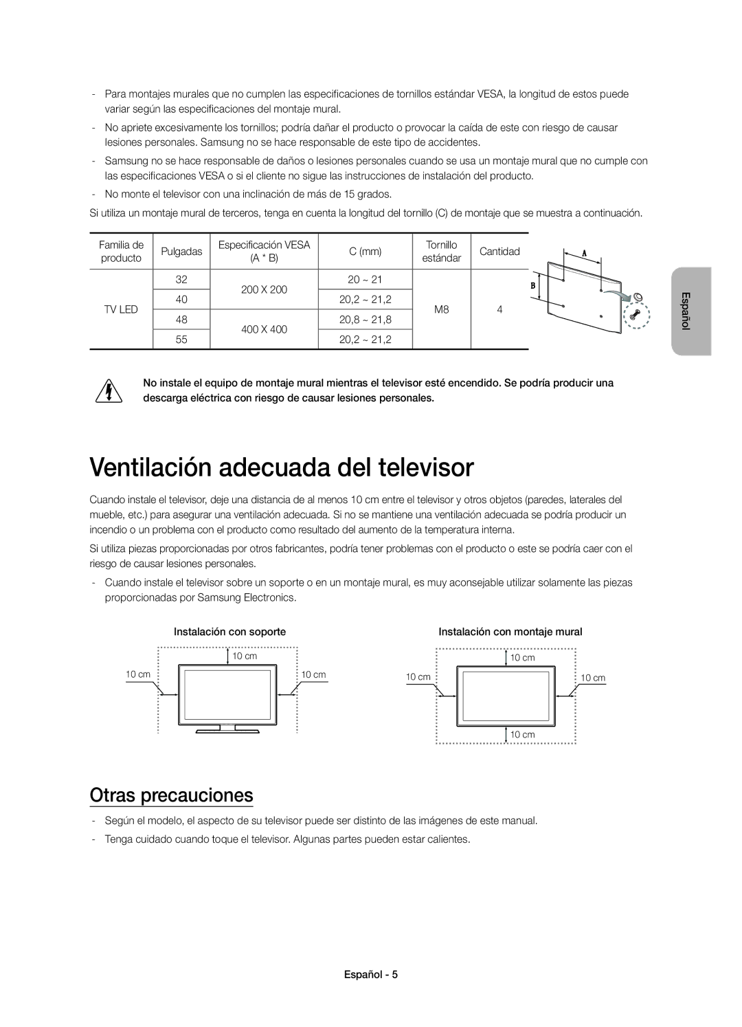 Samsung UE32H6410SSXXC, UE40H6410SSXXC, UE55H6410SSXXC manual Ventilación adecuada del televisor, Otras precauciones 