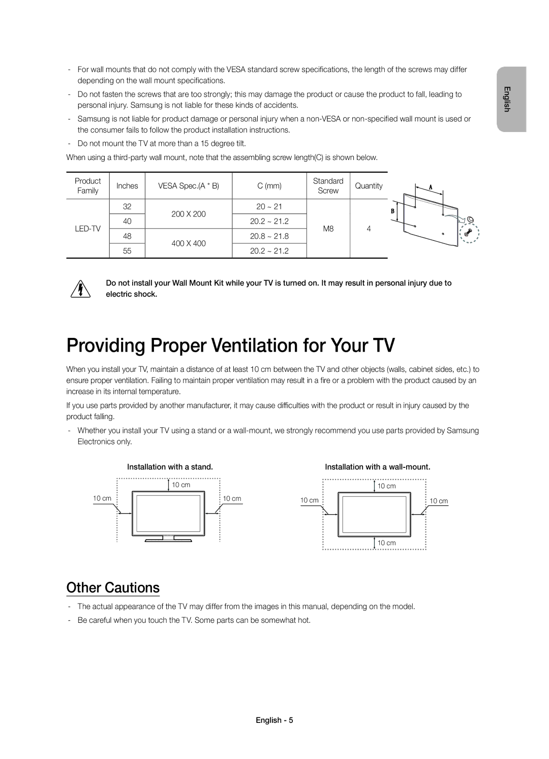 Samsung UE32H6410SSXXC, UE40H6410SSXXC, UE55H6410SSXXC manual Providing Proper Ventilation for Your TV, Other Cautions, 20.2 