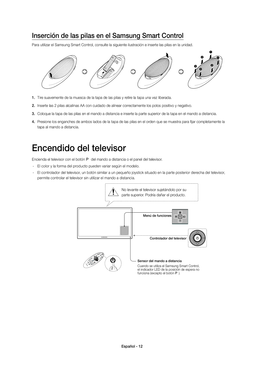 Samsung UE40H6410SSXXC, UE32H6410SSXXC manual Encendido del televisor, Inserción de las pilas en el Samsung Smart Control 