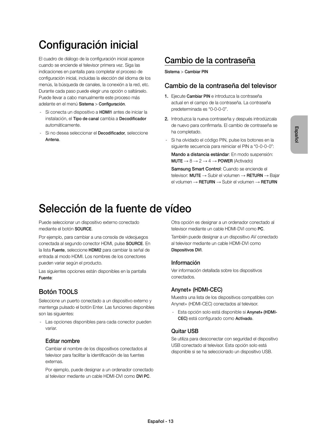 Samsung UE32H6410SSXXC manual Configuración inicial, Selección de la fuente de vídeo, Cambio de la contraseña, Botón Tools 