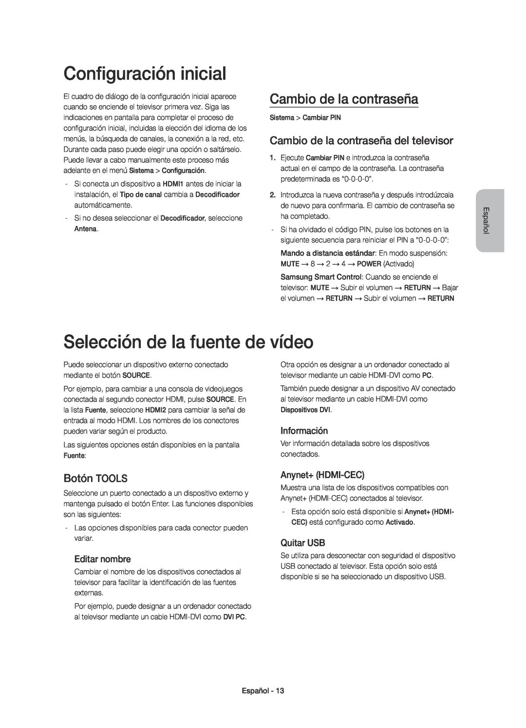 Samsung UE32H6410SSXXC manual Configuración inicial, Selección de la fuente de vídeo, Cambio de la contraseña, Botón TOOLS 