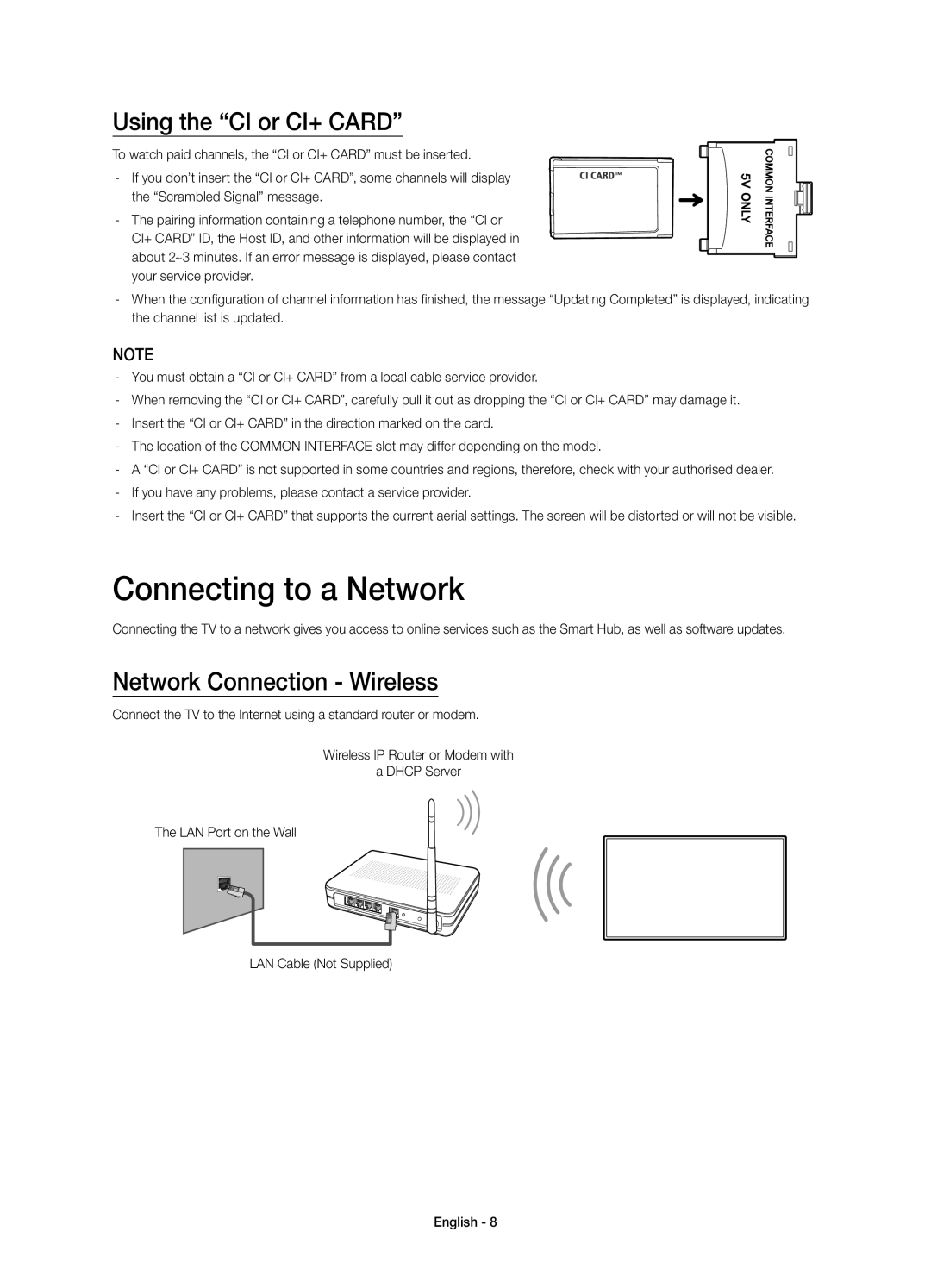Samsung UE40H6410SSXXC, UE32H6410SSXXC Connecting to a Network, Using the “CI or CI+ CARD”, Network Connection - Wireless 