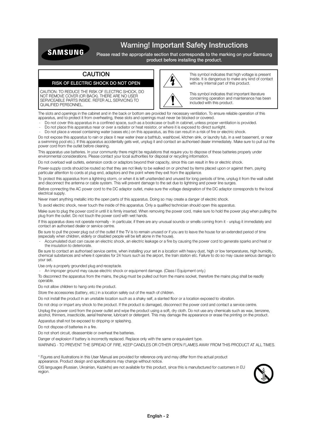 Samsung UE55H6475SUXXE, UE40H6475SUXXE, UE32H6475SUXXE, UE50H6475SUXXE manual Risk of Electric Shock do not Open, English 