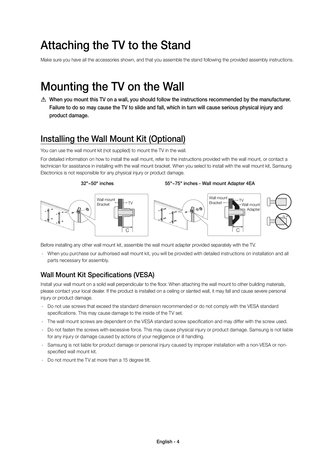 Samsung UE65H6475SUXXE Attaching the TV to the Stand, Mounting the TV on the Wall, Installing the Wall Mount Kit Optional 