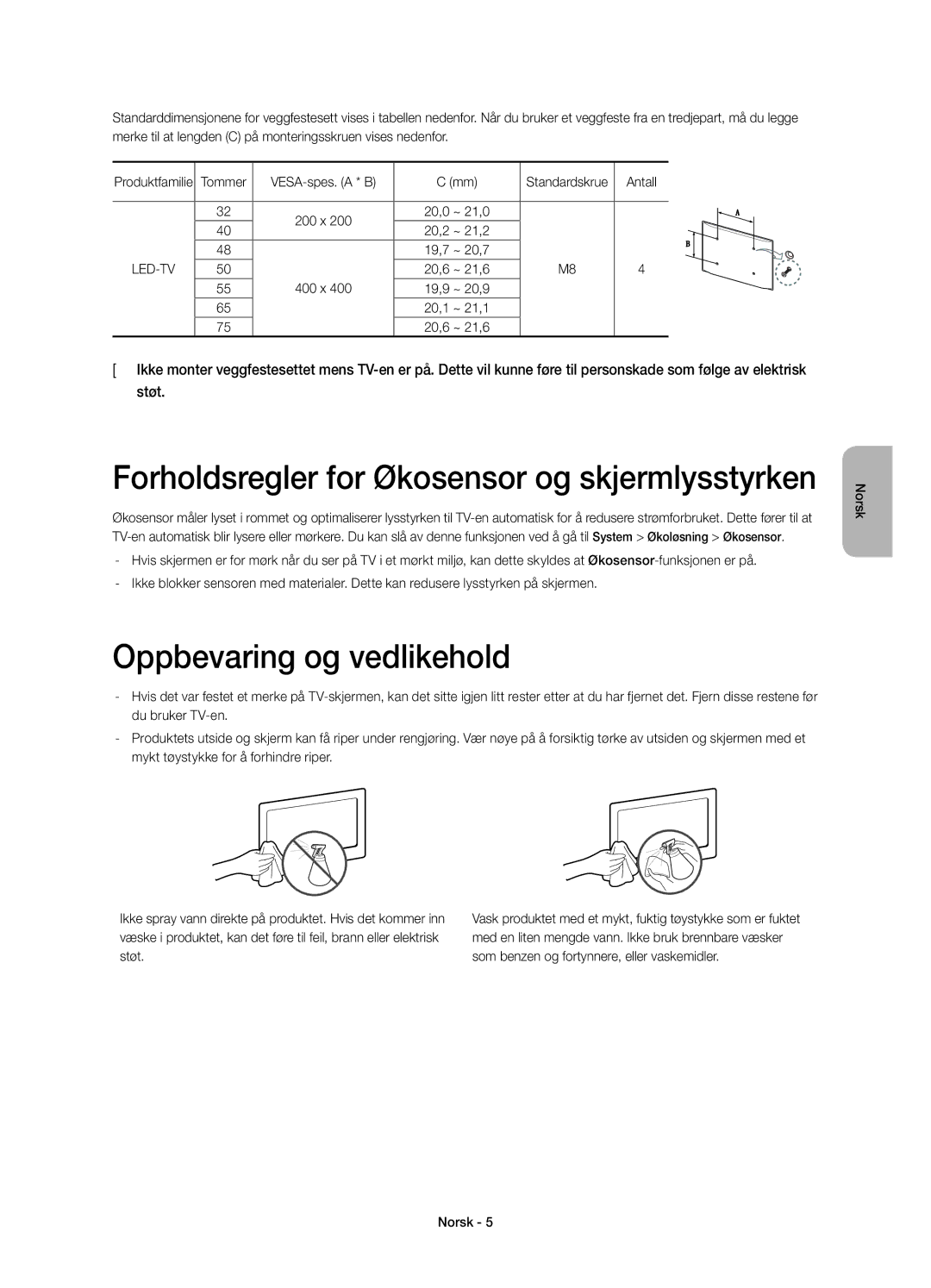 Samsung UE48H6475SUXXE manual Forholdsregler for Økosensor og skjermlysstyrken, Oppbevaring og vedlikehold, Antall 